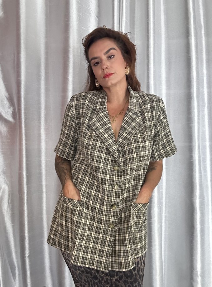 Veste vintage à carreaux kaki, beige et noir