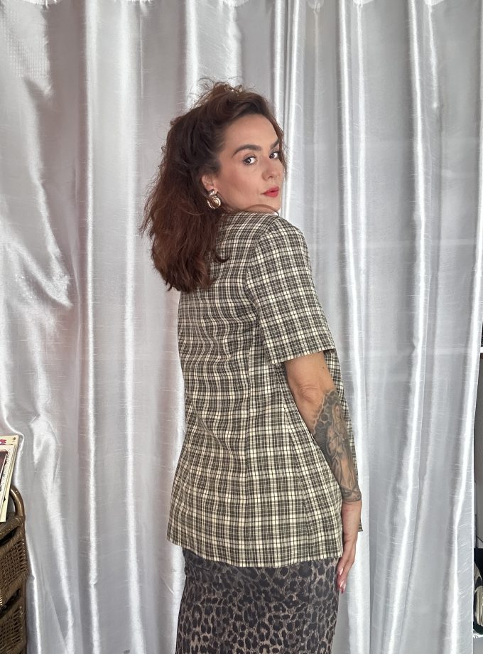 Veste vintage à carreaux kaki, beige et noir