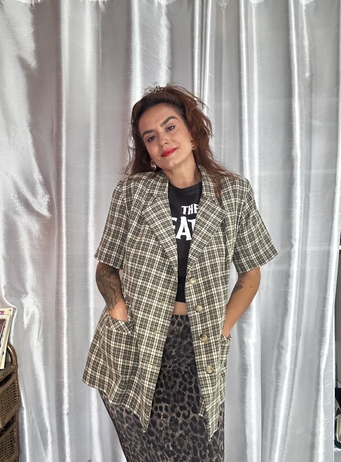 Veste vintage à carreaux kaki, beige et noir