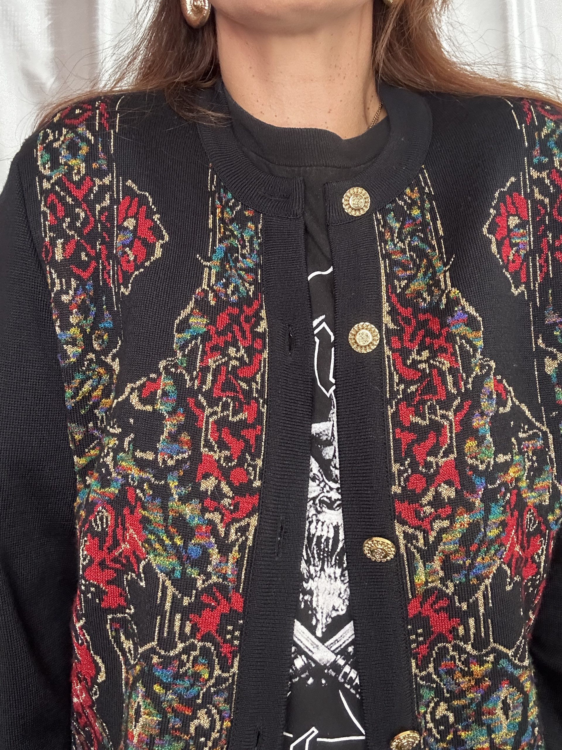 Cardigan vintage Janine Pauporté – Jacquard & Lurex Doré – Image 3
