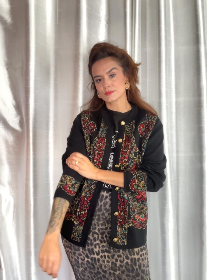 Cardigan vintage Janine Pauporté – Jacquard & Lurex Doré