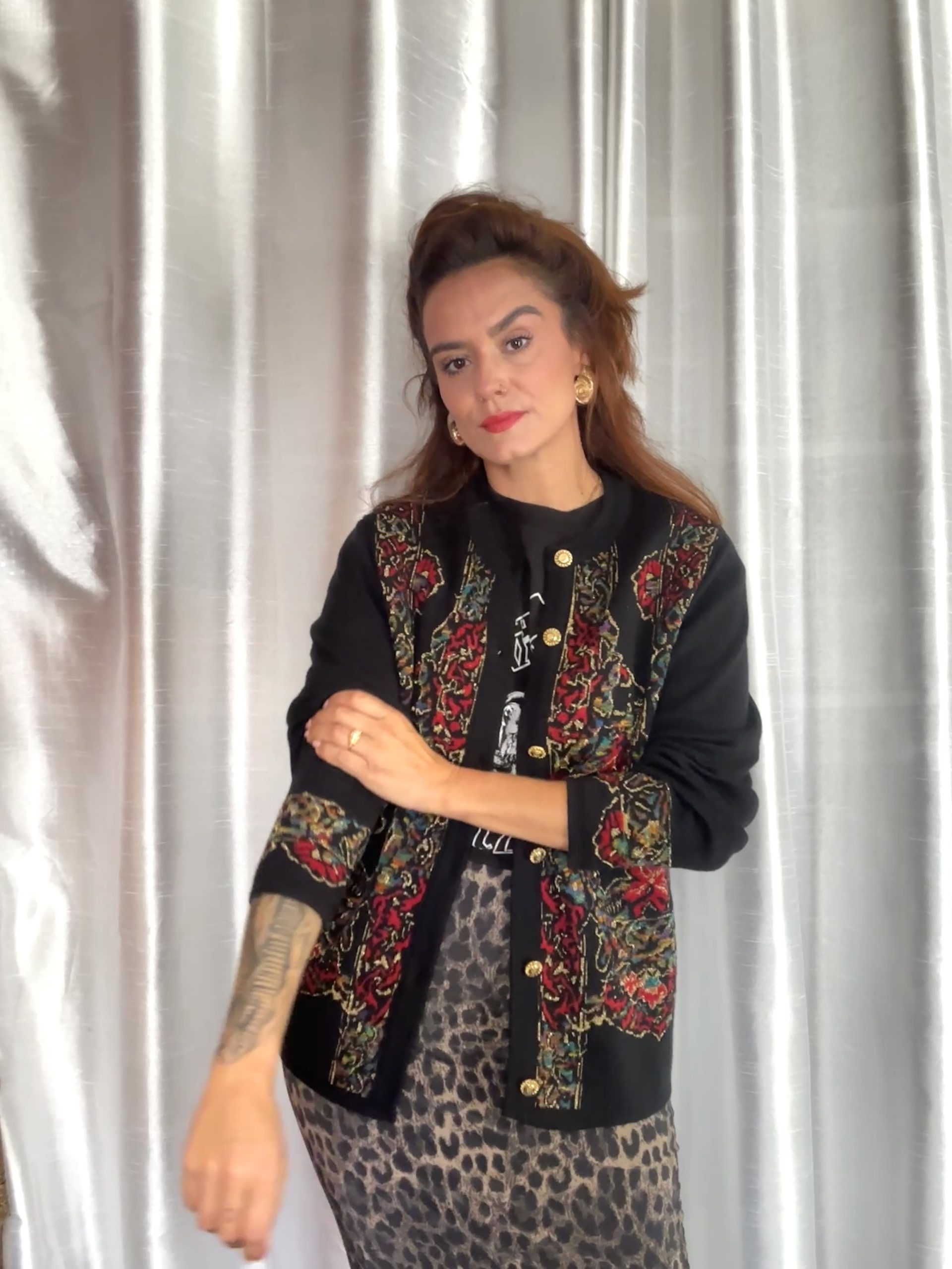 Cardigan vintage Janine Pauporté – Jacquard & Lurex Doré