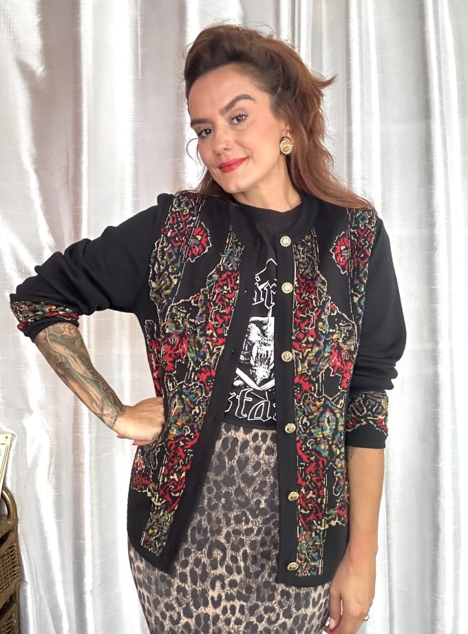 Cardigan vintage Janine Pauporté – Jacquard & Lurex Doré
