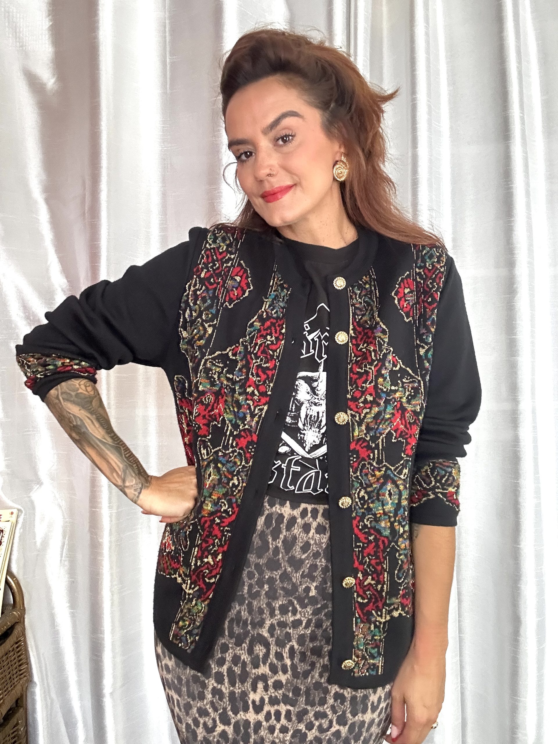 Cardigan vintage Janine Pauporté – Jacquard & Lurex Doré – Image 2