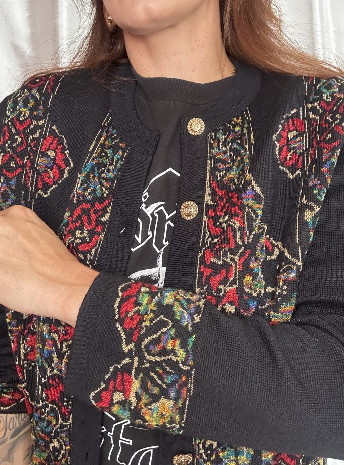 Cardigan vintage Janine Pauporté – Jacquard & Lurex Doré