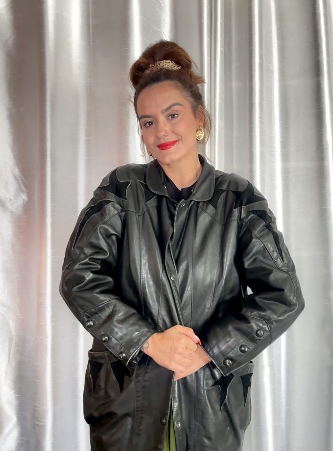 Veste en cuir oversize – années 80 – bimatière effet Santiag – taille unique