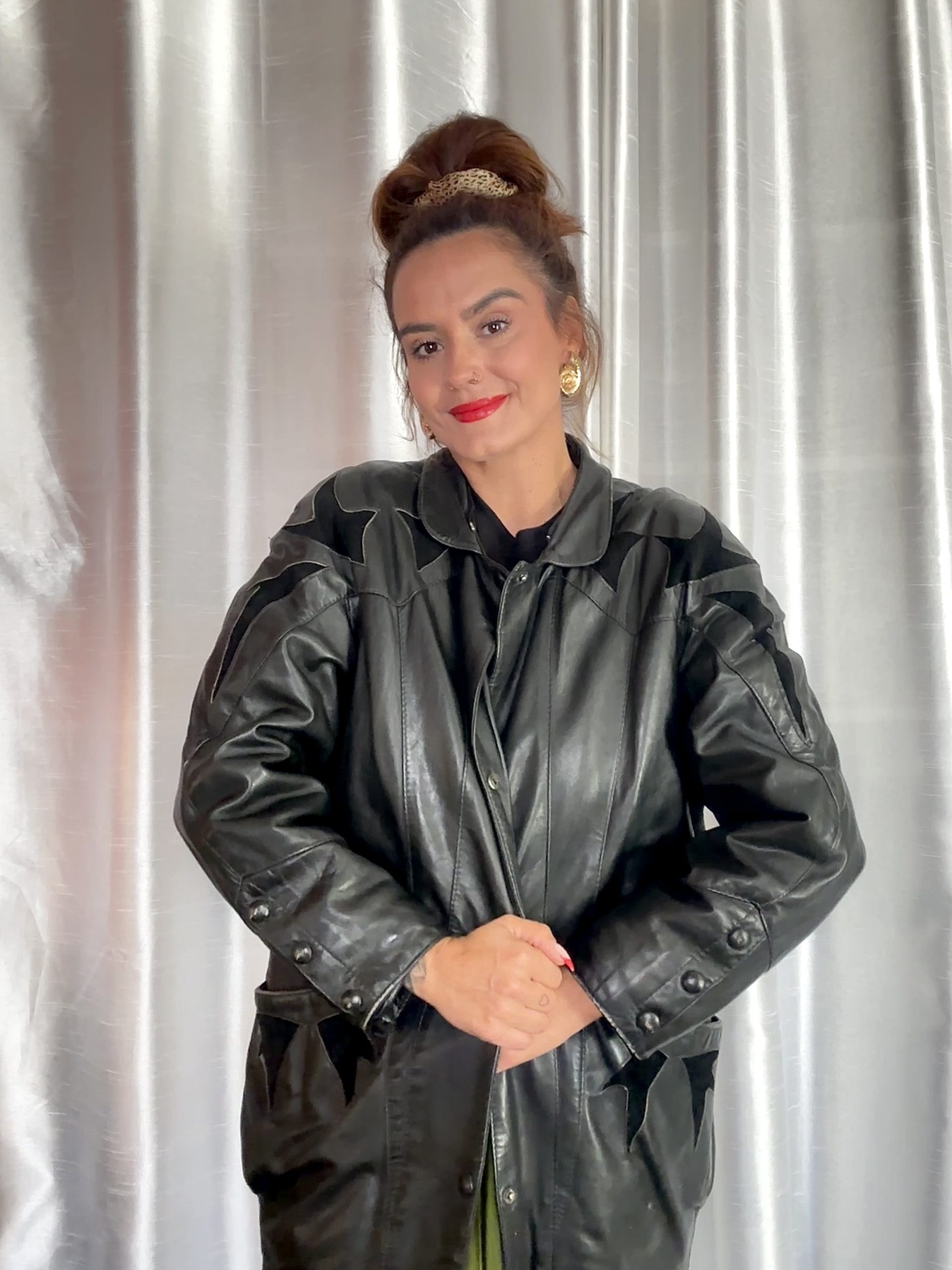 Veste en cuir oversize – années 80 – bimatière effet Santiag – taille unique – Image 2