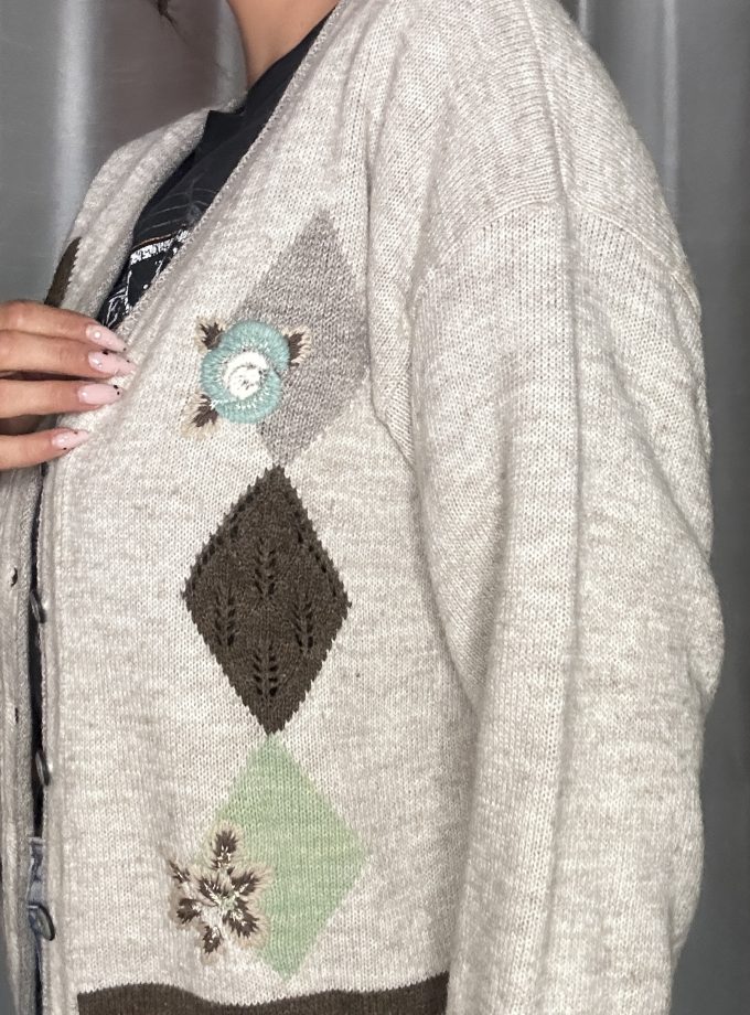 Gilet Vintage Made in Italy – 30% Laine – Motifs Diamants & Broderies – Taille M/L