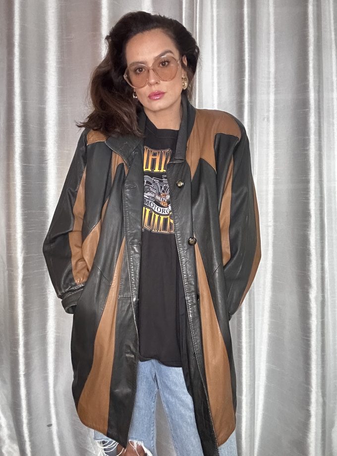 Veste en Cuir Patchwork 80/90’s – Noir & Camel – Taille XL