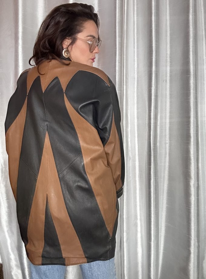 Veste en Cuir Patchwork 80/90’s – Noir & Camel – Taille XL
