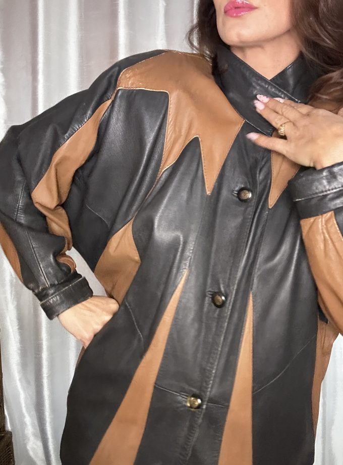 Veste en Cuir Patchwork 80/90’s – Noir & Camel – Taille XL