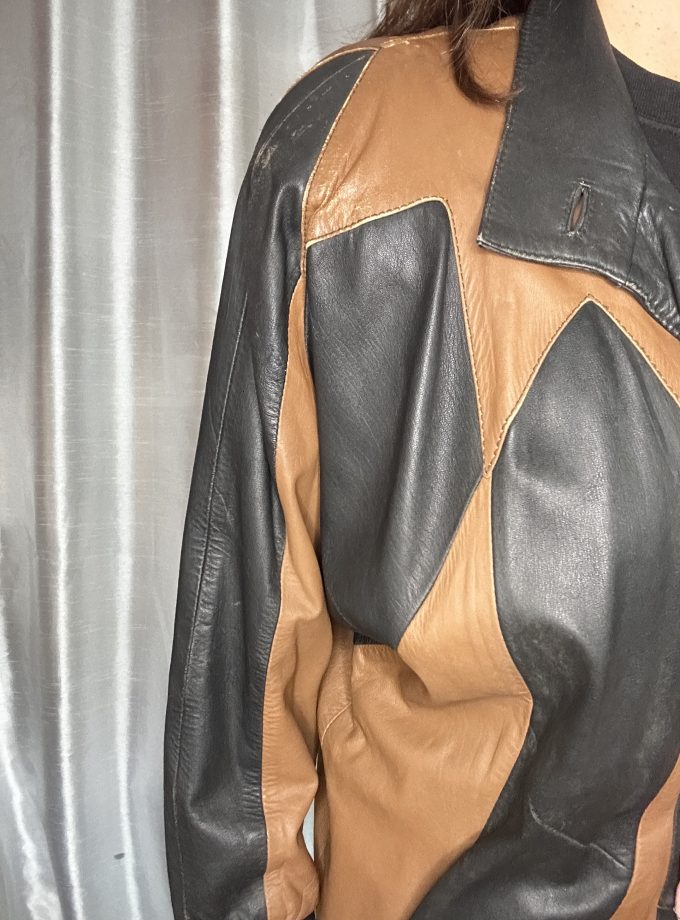 Veste en Cuir Patchwork 80/90’s – Noir & Camel – Taille XL