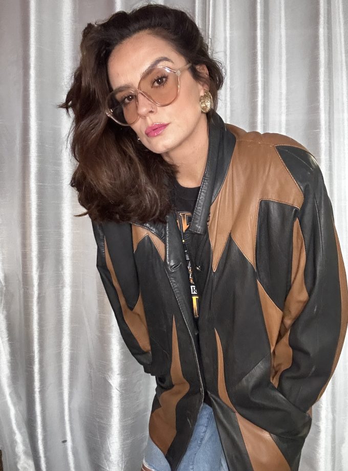 Veste en Cuir Patchwork 80/90’s – Noir & Camel – Taille XL