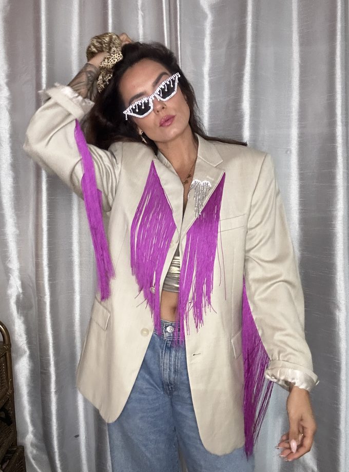 Veste vintage en laine custom franges fuchsias – Pièce unique