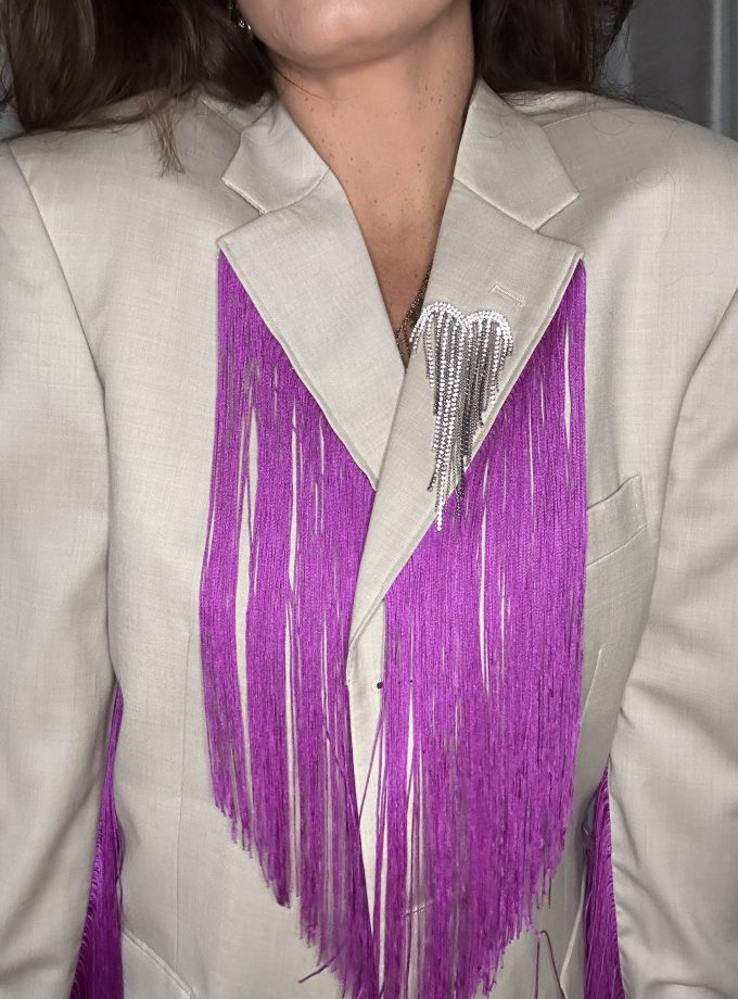 Veste vintage en laine custom franges fuchsias – Pièce unique