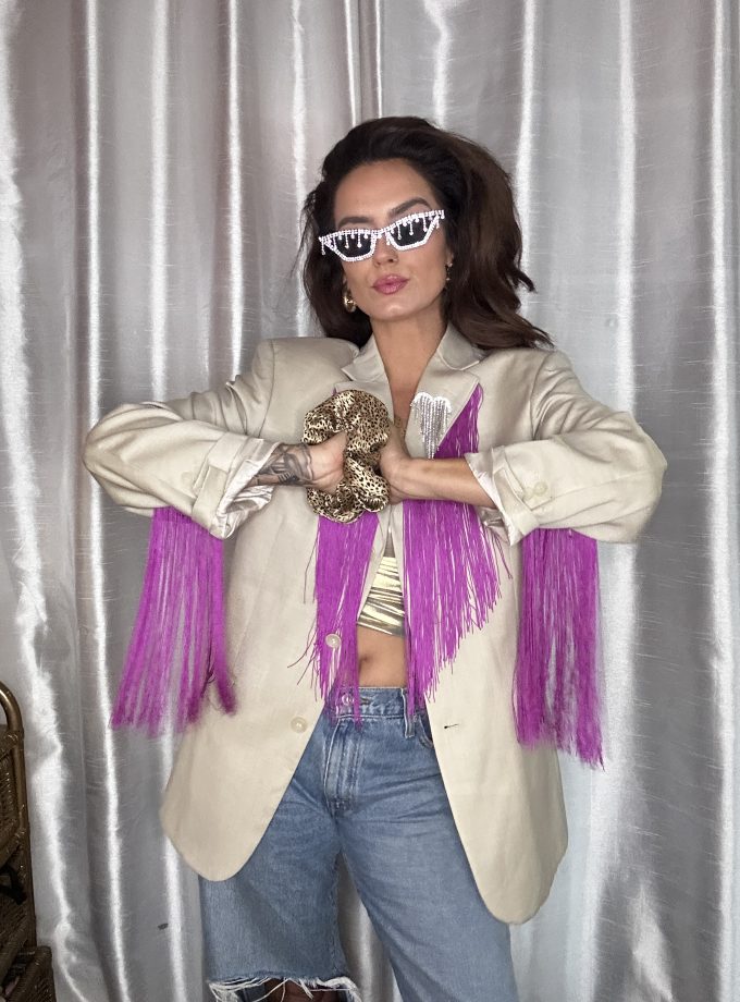 Veste vintage en laine custom franges fuchsias – Pièce unique