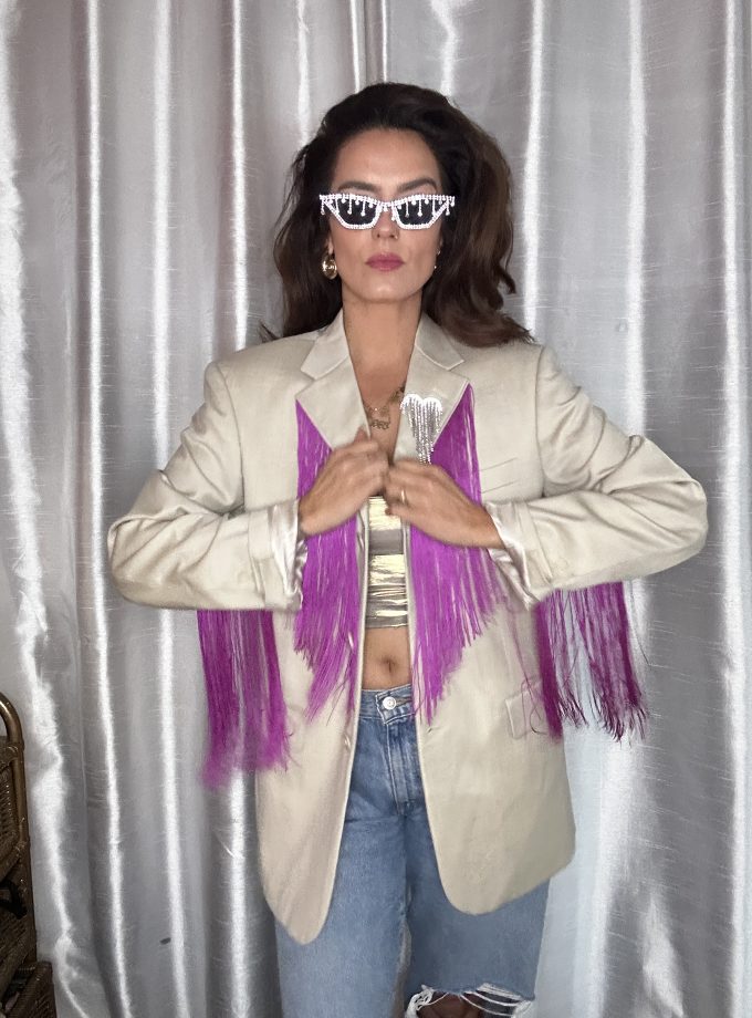 Veste vintage en laine custom franges fuchsias – Pièce unique