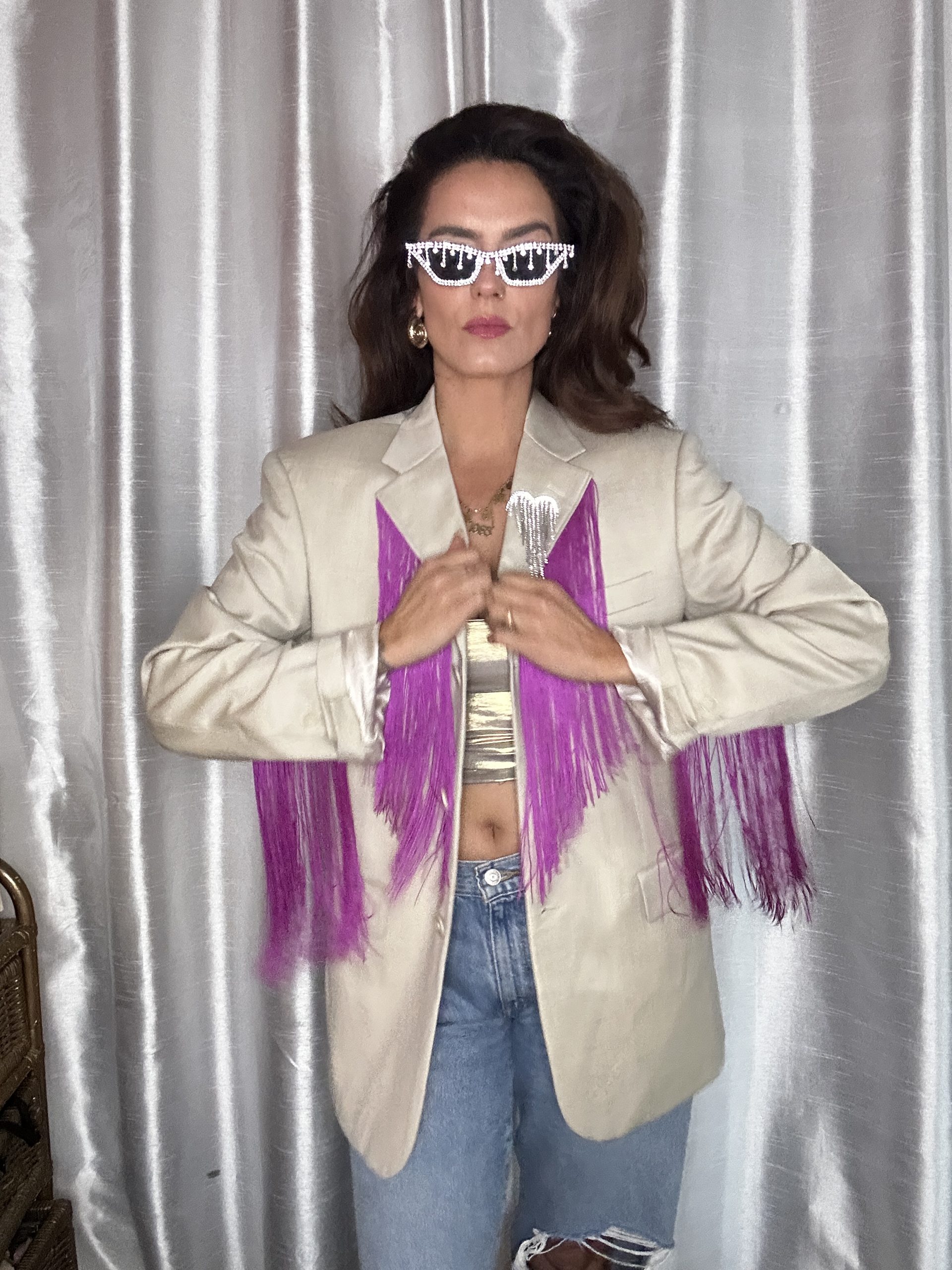 Veste vintage en laine custom franges fuchsias – Pièce unique – Image 4