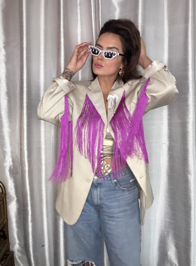 Veste vintage en laine custom franges fuchsias – Pièce unique