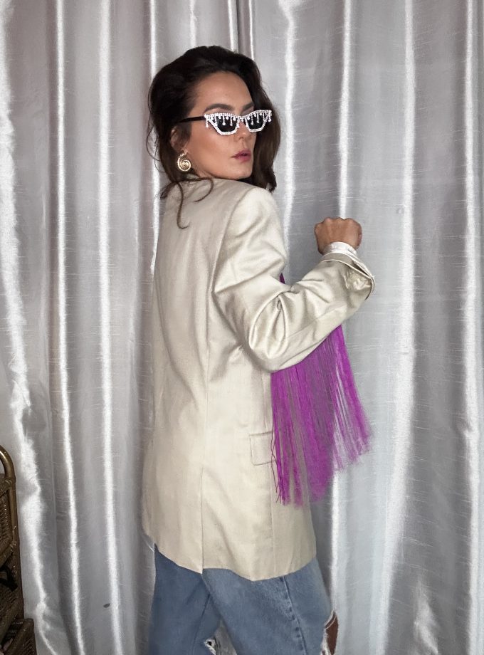 Veste vintage en laine custom franges fuchsias – Pièce unique