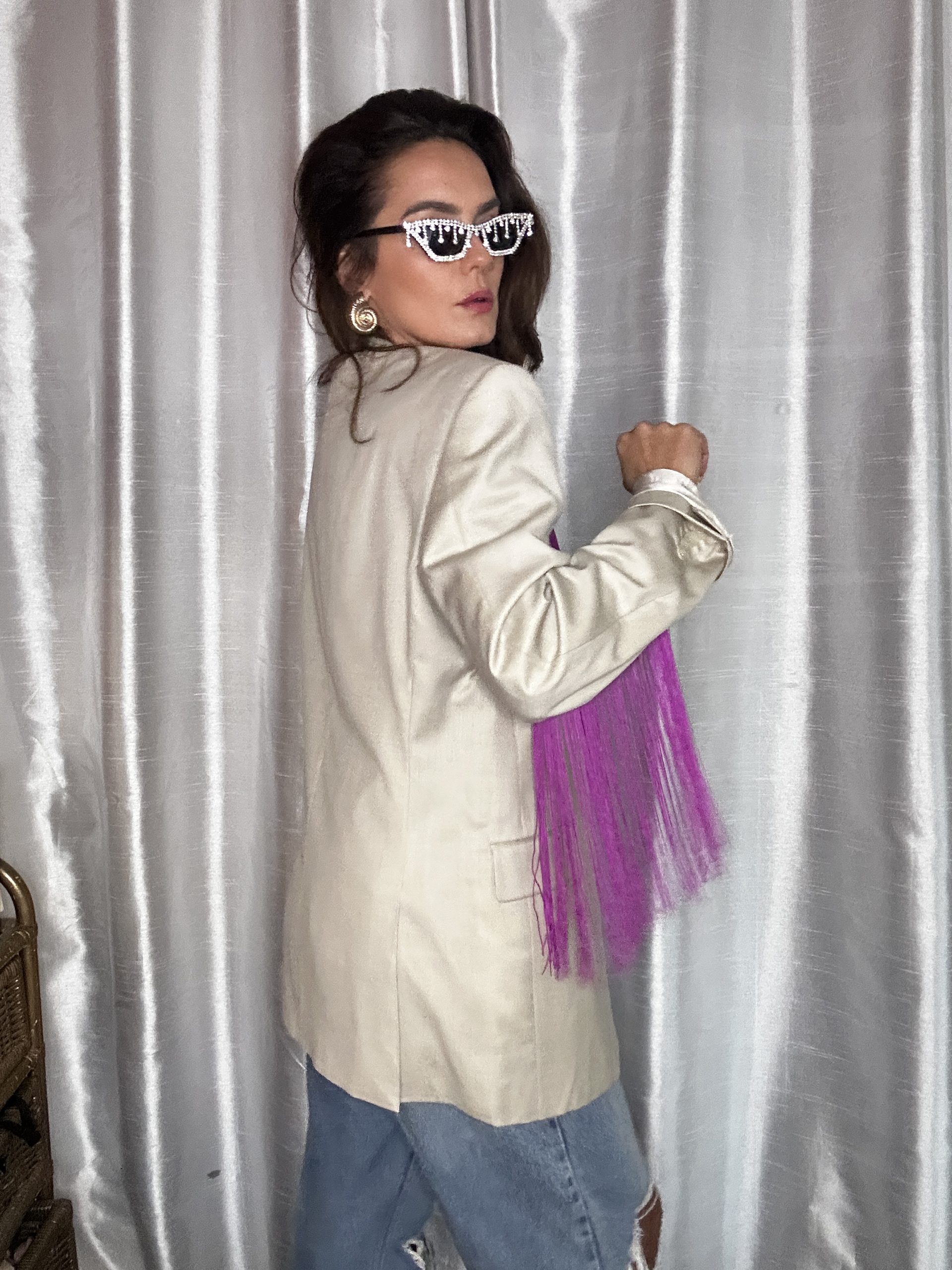 Veste vintage en laine custom franges fuchsias – Pièce unique – Image 7